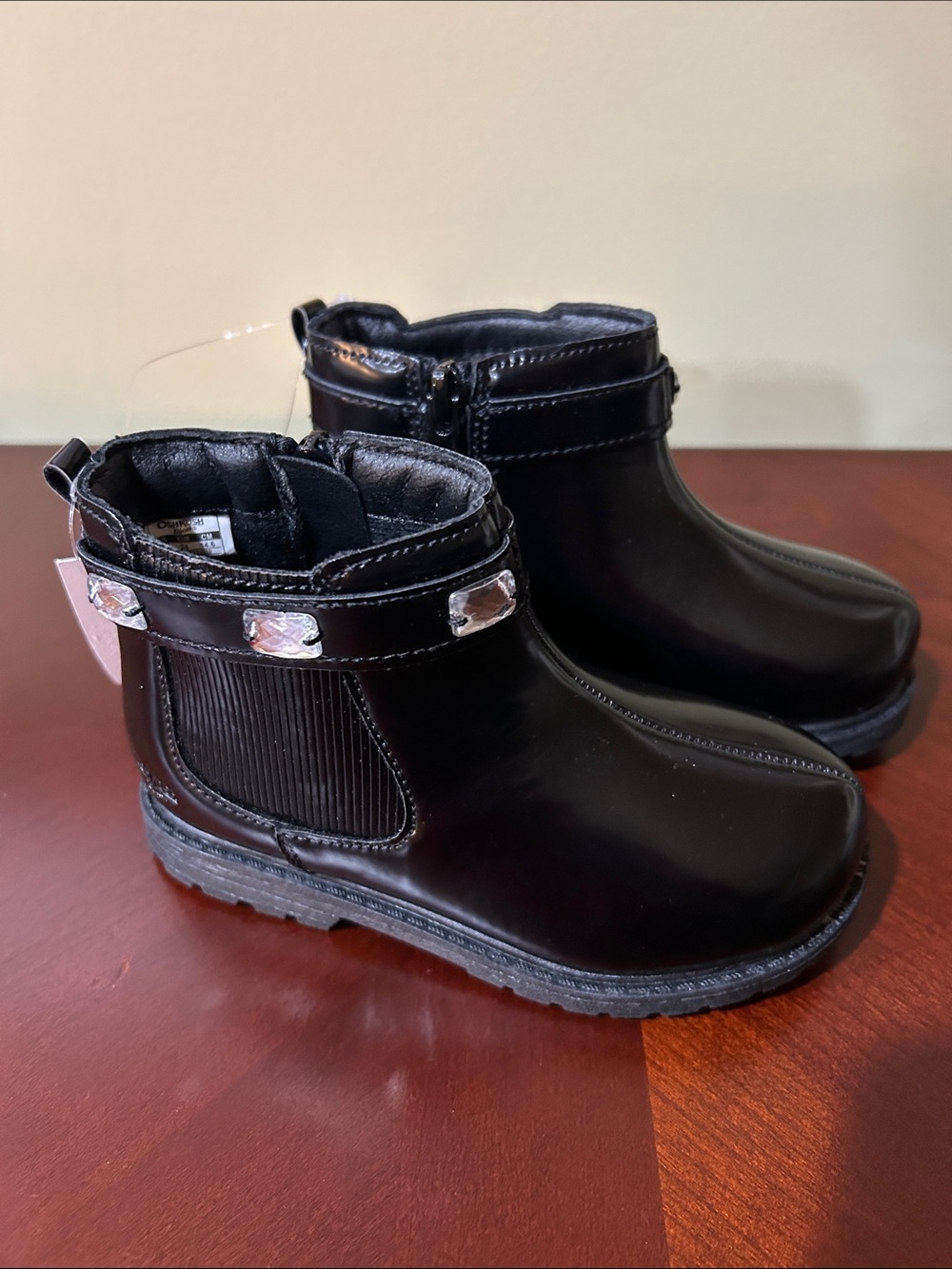 Kids Black Ankle Boots with Gem Accent